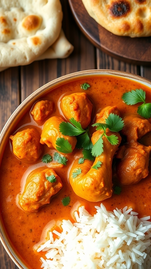 A bowl of spicy chicken curry with cilantro and rice on a rustic table.